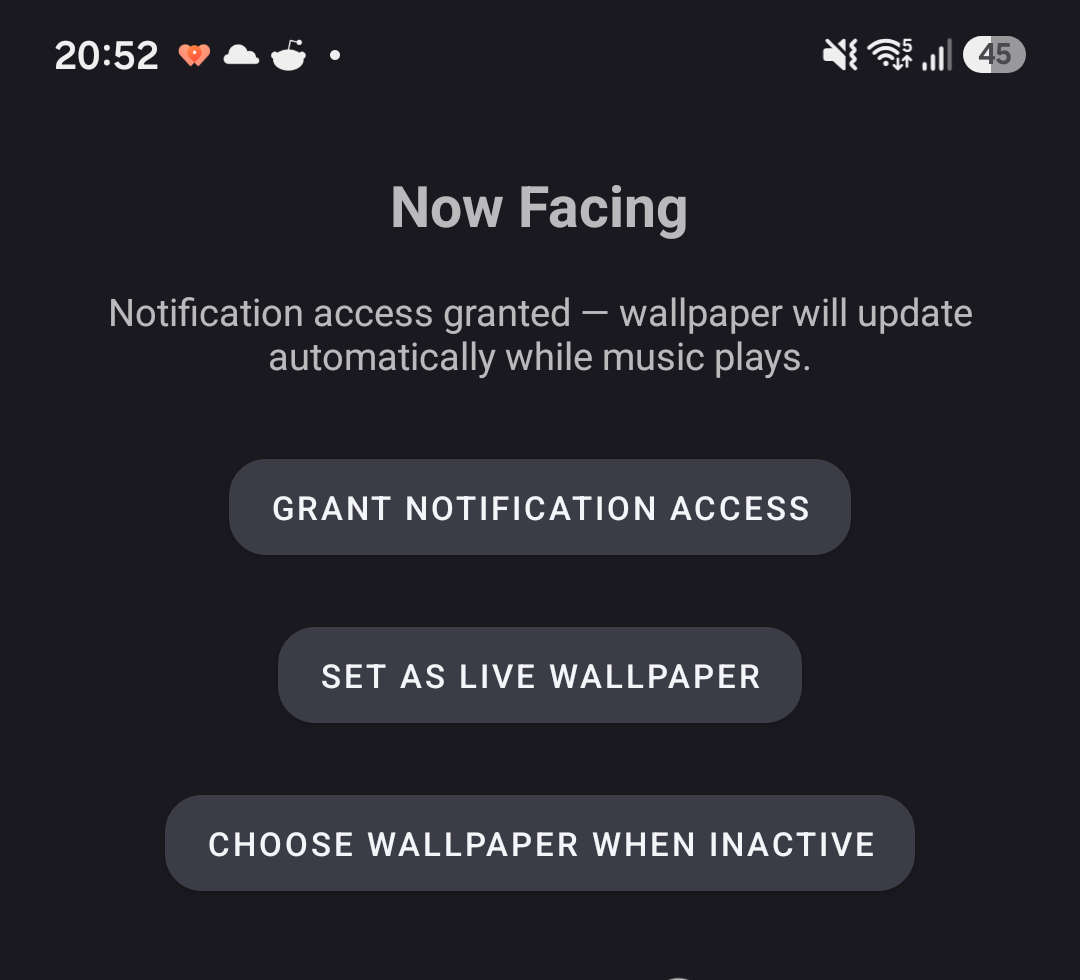 Now Facing app screen, showing Grant Notification Access, Set as Live Wallpaper, Choose Wallpaper When Inactive, and an Also set lock screen toggle